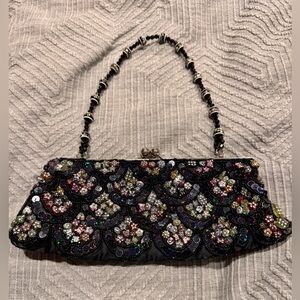 Vintage VTG Black Bead Beaded Sequin Purse Clutch Evening Handbag